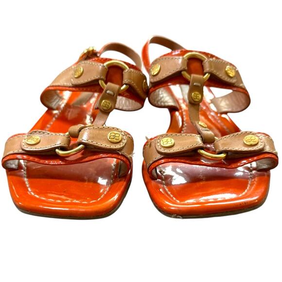 BCBG Leather Flats Ankle Strap Sandals Womens Size 6.5 Orange Tan Gold - Picture 3 of 11